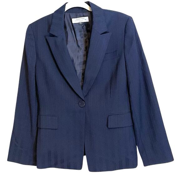 Tahari Navy Blue Subtle Stripe Blazer Jacket Women's Sz 10P Pockets Career - Picture 1 of 11